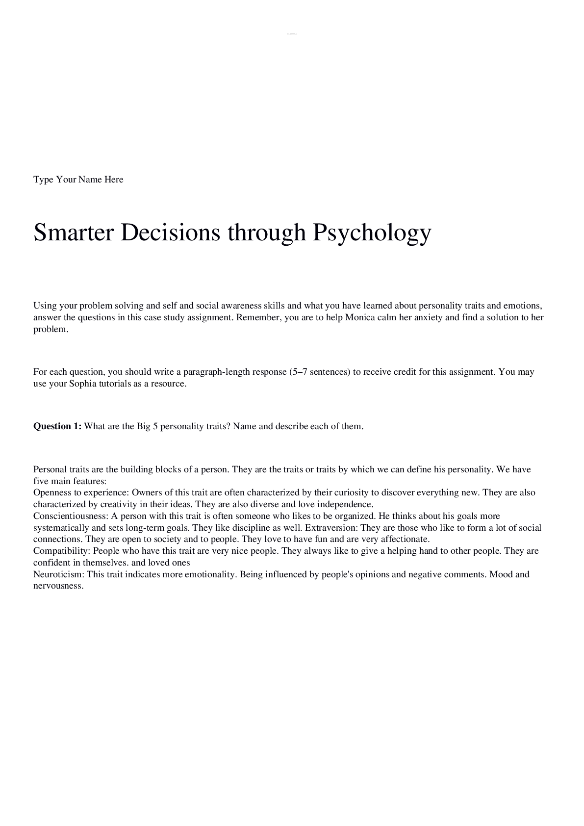 Preview of PSY1010 Case Study 2 Template